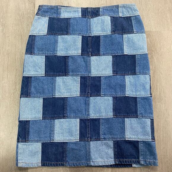 Y2K Denim Jean Skirt Knee Length D’Mode Classix Size 11 Patchwork Front Slit - Picture 4 of 7